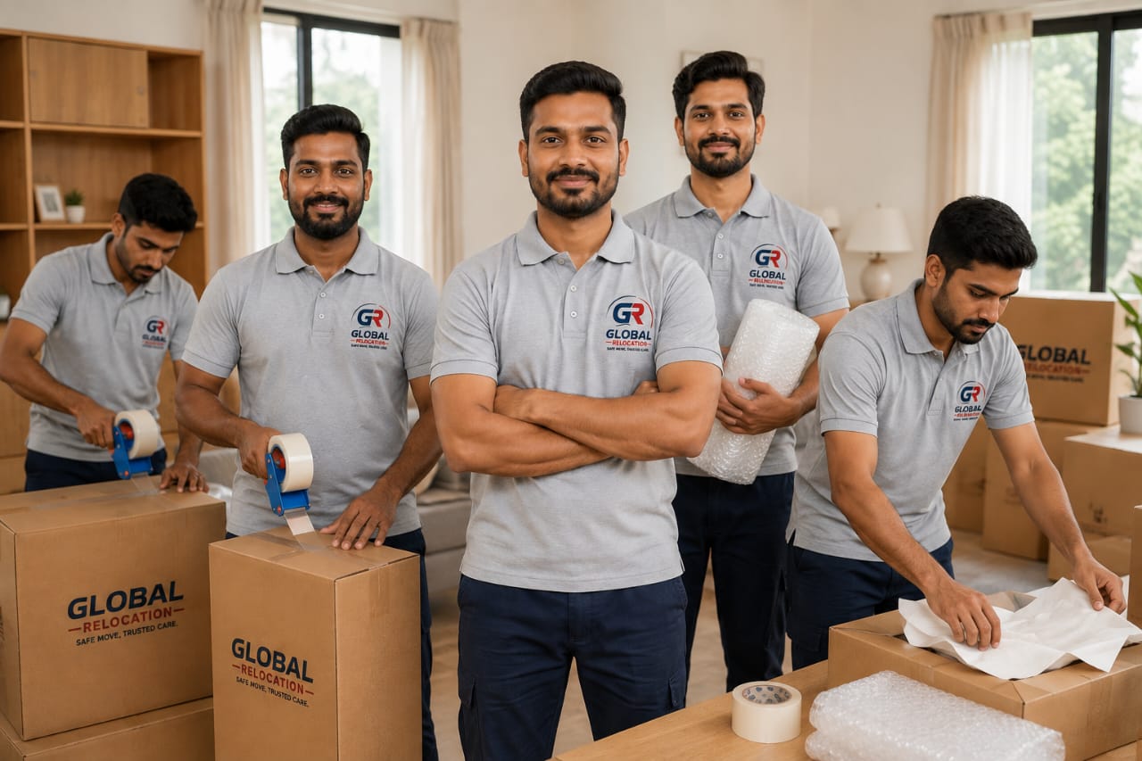 Global Relocation Packers and Movers team member carrying boxes