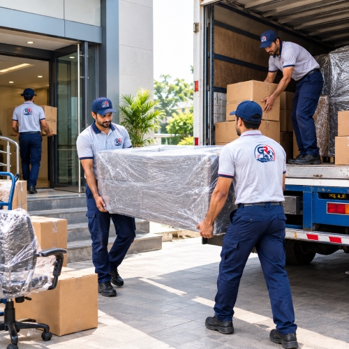Team using trolley to move appliance